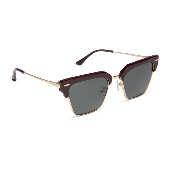 diff eyewear featuring the capri rectangle sunglasses with a dark cherry lacquer frame and grey polarized lenses angled view