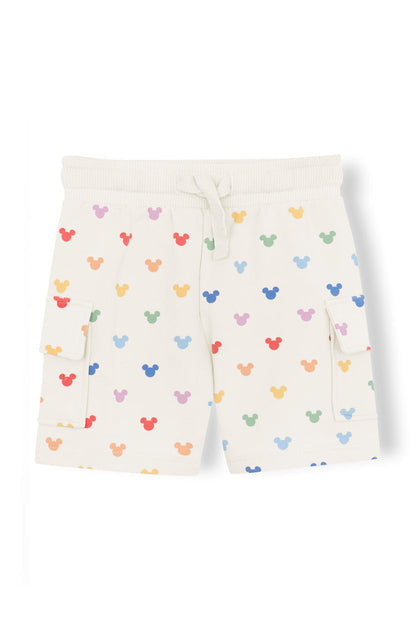 Cargo shorts with pastel mickey mouse pattern on an oat background