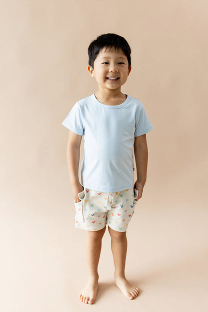 Young boy wearing blue tshirt and cargo shorts with pastel mickey mouse head print