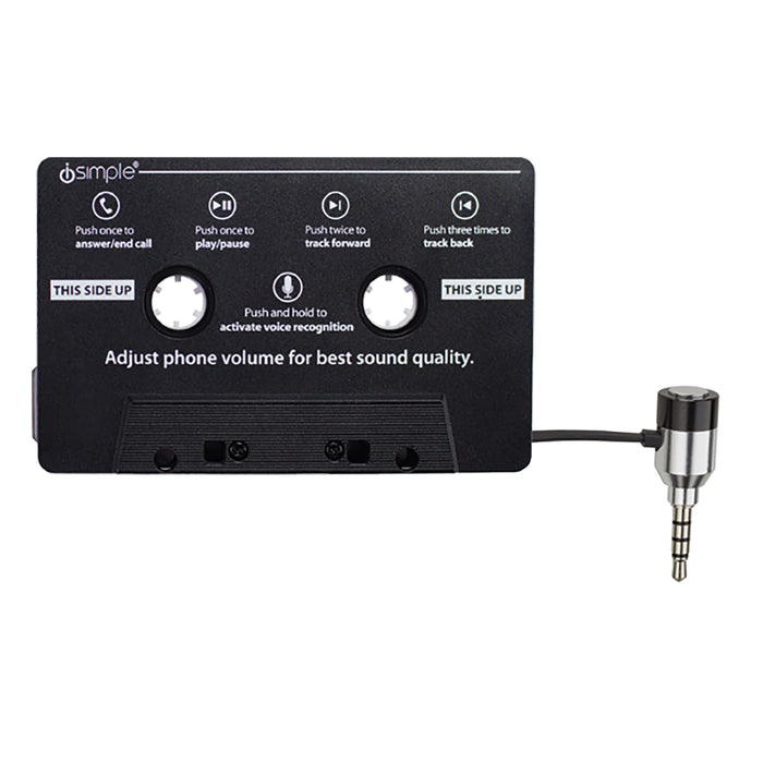 Black cassette tape adapter with control buttons and 3.5mm audio jack