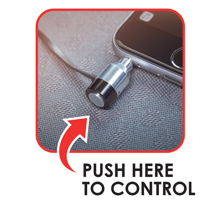Close up of a headphone jack control button with a red arrow pointing to it and text reading push here to control