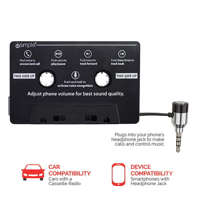 Cassette tape audio adapter with control buttons and 3.5mm headphone jack plug