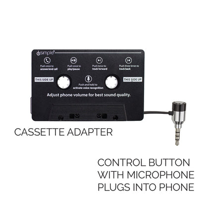 Black cassette tape adapter with control button and 3.5mm plug for phone connectivity
