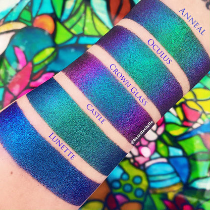 Top angled arm swatches on fair skin tone of Castle Jewelled Multichrome Eyeshadow shits compared to Anneal, Oculus, Crown Glass, Lunette