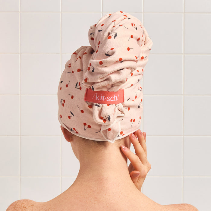KITSCH XL Hair Towel Wrap — Cherry Print — worn on model, secondary angle
