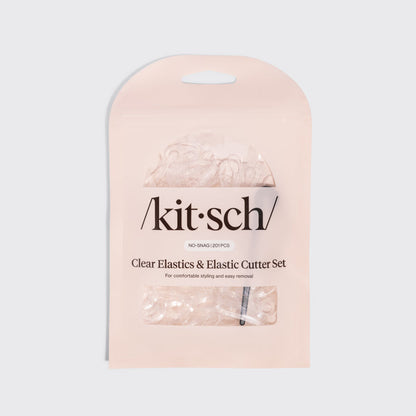 KITSCH No-Snag Elastics 200pcs & Recycled Plastic Elastic Cutter Set — product shown in the Kitsch Pro pouch packaging — 200 clear elastics plus a recycled plastic cutter — travel-friendly, refillable hair tie kit