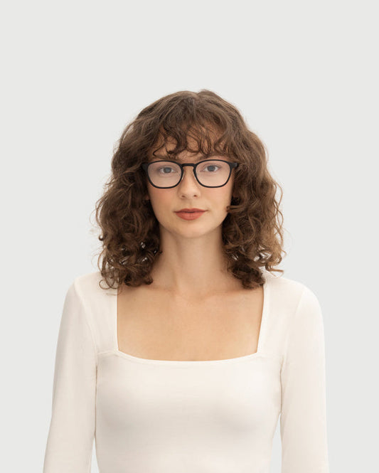 lifestyle-Charcoal::women Columbus Eyeglasses square black plastic