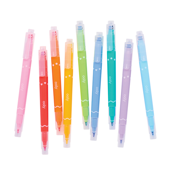 Scattered row of capped OOLY Confetti Stamp Double-Ended Markers