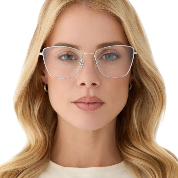 on model - female wearing diff eyewear featuring the connie cat eye prescription glasses with a silver frame front view