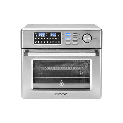 Stainless steel Cuckoo countertop convection air fryer oven featuring a digital display, control buttons, and a glass door. (CAFO-A2601S)