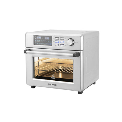 A stainless steel Cuckoo countertop convection air fryer oven with a digital control panel, glass door, and internal light. (CAFO-A2601S)