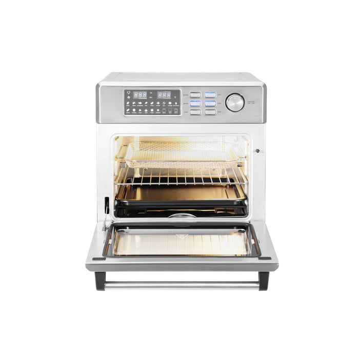 Stainless steel Cuckoo countertop convection air fryer oven with its door open, revealing the interior racks and trays. (CAFO-A2601S)