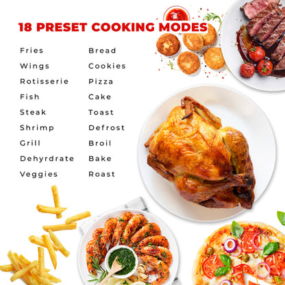 18 preset cooking modes for the Cuckoo convection oven, including fries, wings, rotisserie, steak, shrimp, pizza, and more. (CAFO-A2601S)