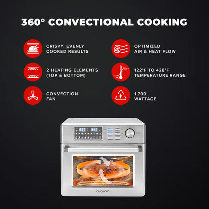 Cuckoo convection oven features 360° cooking, top and bottom heating elements, a convection fan, and a 122°F–428°F range. (CAFO-A2601S)