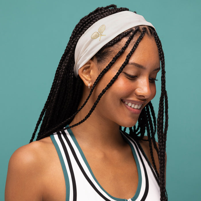 KITSCH Recycled Fabric Active Headbands 3pc Set — model wearing a tennis-inspired active headband — comfortable, lightweight hold for workouts and everyday wear — keeps flyaways off the face