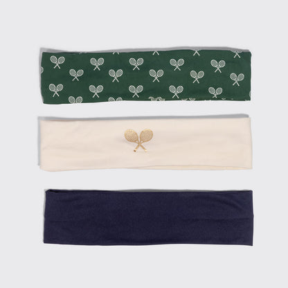 KITSCH Recycled Fabric Active Headbands 3pc Set — the three headbands in cream, court green, and navy blue with tennis racquet print — made from eco-friendly recycled fabric — set of three for on and off the court