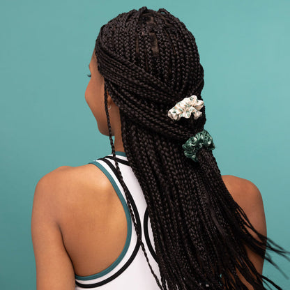 KITSCH Ruched Satin Scrunchies 5pc Set – Cream, Court Green & Navy Blue — model wearing a ruched satin scrunchie — tennis-print satin in cream, court green, and navy blue adds texture and volume