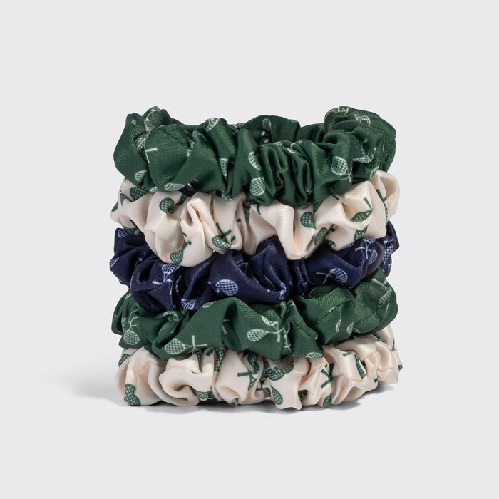 KITSCH Ruched Satin Scrunchies 5pc Set – Cream, Court Green & Navy Blue — stacked product shot showing all 5 ruched satin scrunchies — tennis-print satin in cream, court green, and navy blue tones