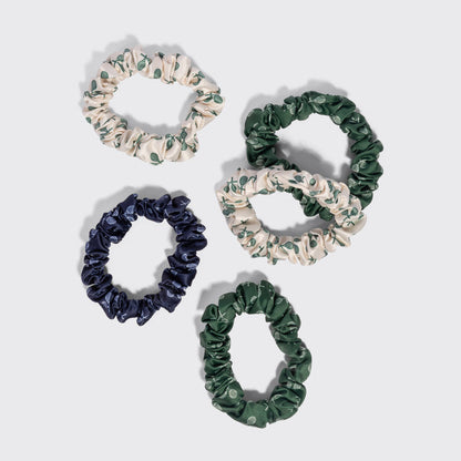 KITSCH Ruched Satin Scrunchies 5pc Set – Cream, Court Green & Navy Blue — product flat lay of all 5 ruched satin scrunchies — tennis-core print in cream, court green, and navy blue, gentle snag-free hold