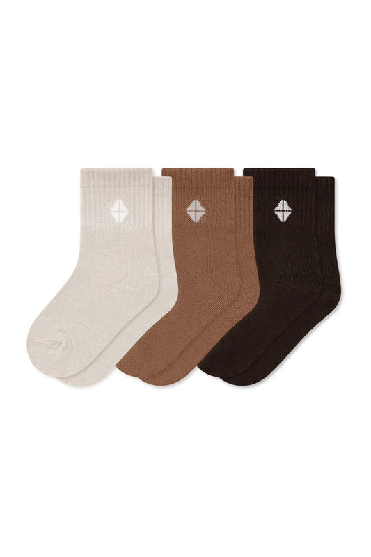 Product photo of the Crew Socks Combo 3-Pack in Cafe set includes: Oat, Latte and Espresso shown on a white background