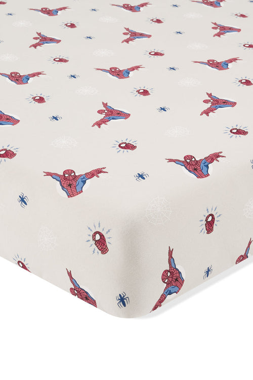 Oat Crib Sheet with Spider-Man print on a white background