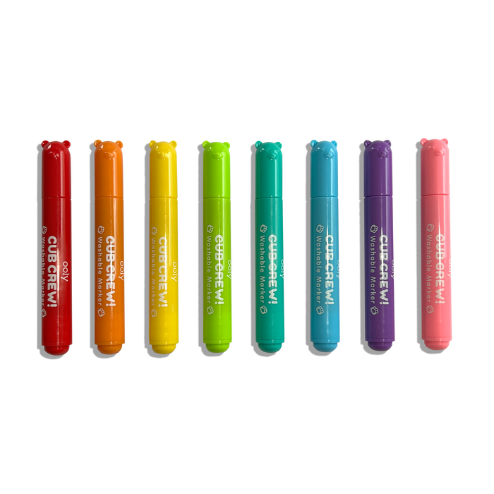Row of all 8 capped OOLY Cub Crew Washable Markers on a white background