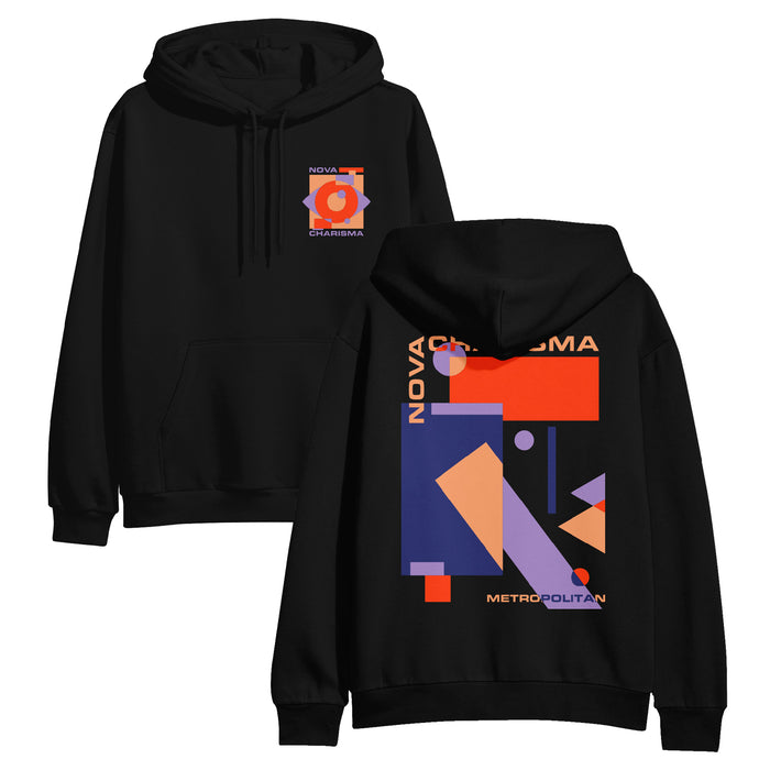 Nova Charisma black pullover hoodie featuring a small Cubist pattern and text on the front, plus a bold geometric design with NOVA CHARISMA and METROPOLITAN text in orange, purple, and red on the back.