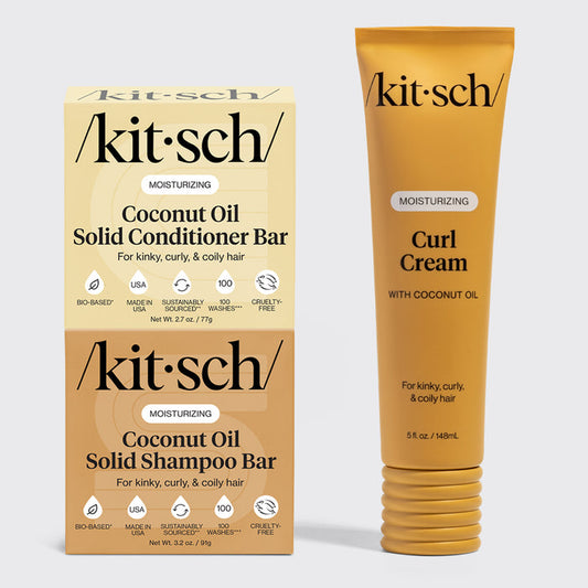 KITSCH Curly Hair Routine bundle — hero product shot — Coconut Oil Shampoo Bar, Coconut Oil Conditioner Bar & Moisturizing Curl Cream for deeply moisturized, defined, frizz-free curls