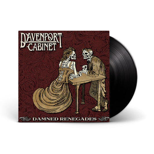 A Black 180 Gram vinyl from Davenport Cabinet features two skeletons in vintage attire at a table, with "Davenport Cabinet" and "Damned Renegades" text on a bold red patterned background.