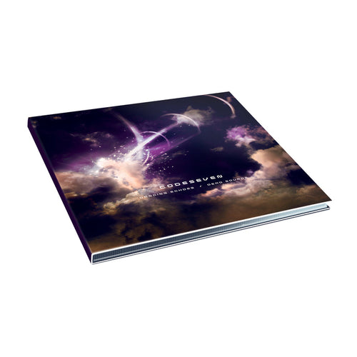 A CD album by Codeseven with a dark, cosmic-themed cover featuring swirling purple clouds, light effects, and the title "Dancing Echoes Dead Sounds" reissue track list. The album is shown lying flat.