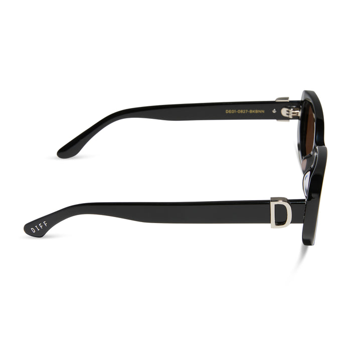 diff eyewear featuring the daphne rectangle sunglasses with a black with silver metal frame and brown lenses side view