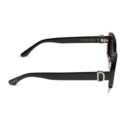 diff eyewear featuring the daphne rectangle sunglasses with a black with silver metal frame and brown lenses side view