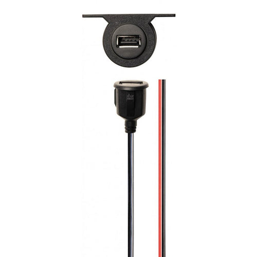 A dash mountable 1Amp USB charging port with mounting bracket and cables, designed for use in vehicles.