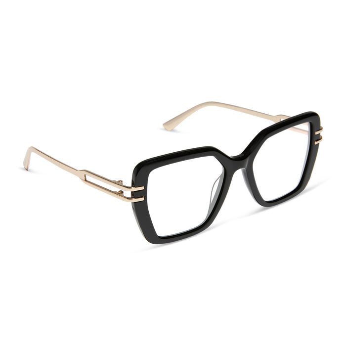 diff eyewear dasha square prescription glasses with a black frame and gold metal temples angled view