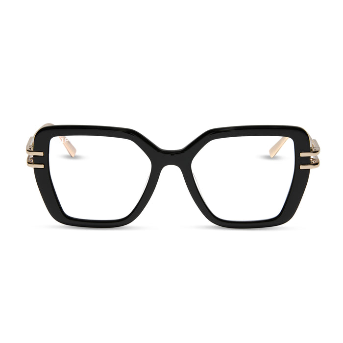 diff eyewear dasha square prescription glasses with a black frame and gold metal temples front view