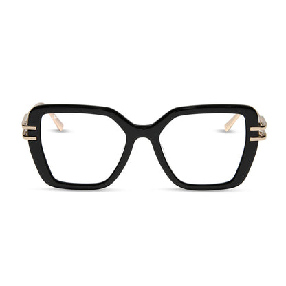 diff eyewear dasha square prescription glasses with a black frame and gold metal temples front view
