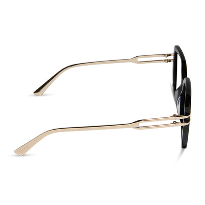 diff eyewear dasha square prescription glasses with a black frame and gold metal temples side view