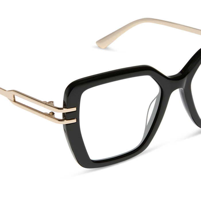 diff eyewear dasha square prescription glasses with a black frame and gold metal temples detailed view