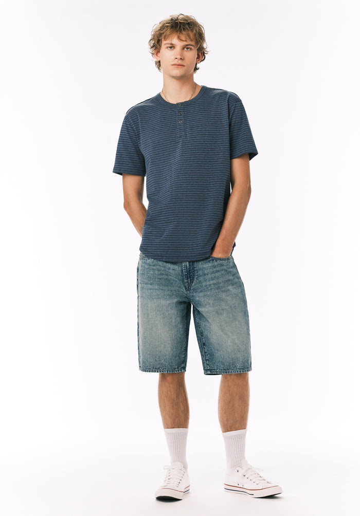Buffalo Men Shorts Navy Denim Denim Shorts Rigid Knee-Length Short-Sleeve