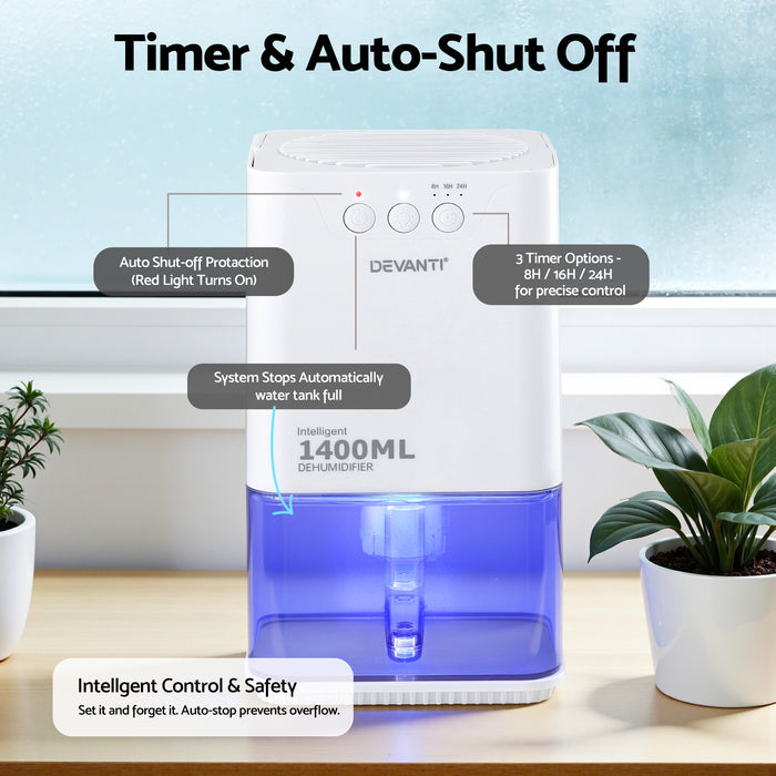 Devanti 1400ML Portable Dehumidifier Quiet Sleep Mode Timer Auto Off Bedroom White - Devanti