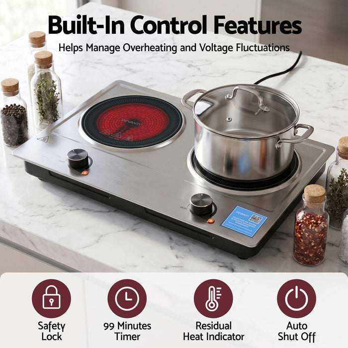 Devanti 2 Hobs Ceramic Cooktop Electric Hot Plate Infrared Knob Control 2400W - Devanti