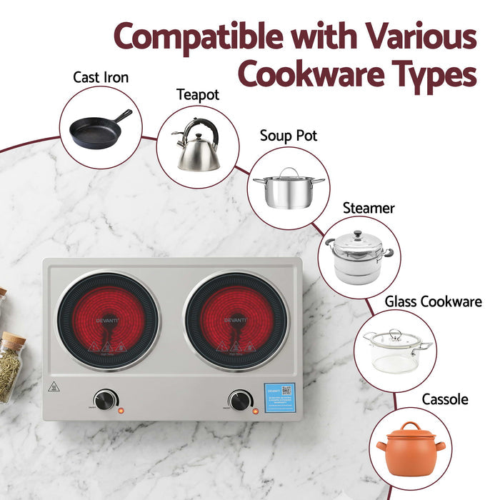 Devanti 2 Hobs Ceramic Cooktop Electric Hot Plate Infrared Knob Control 2400W - Devanti