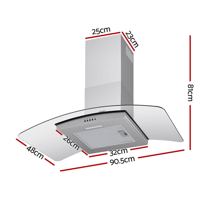 Devanti 90cm Range Hood Curved Glass Canopy Rangehood Kitchen Exhaust Fan