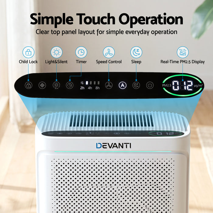 Devanti Air Purifier HEPA Air Cleaner Digital Display Bedroom White