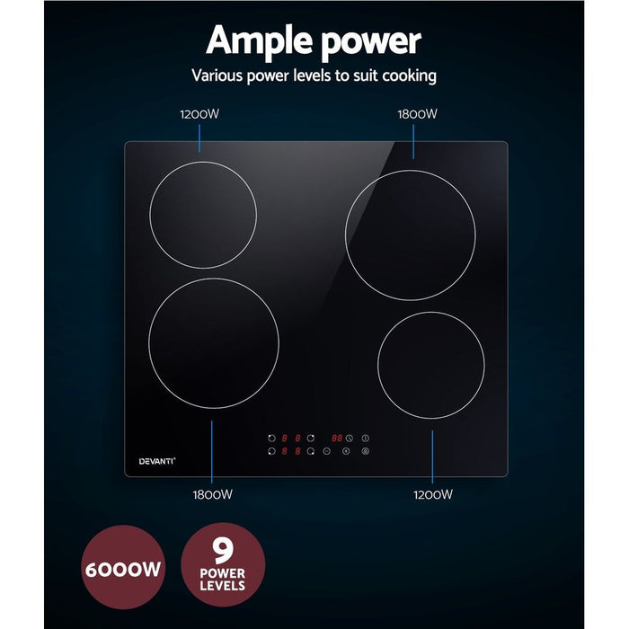 Devanti Ceramic Cooktop 60cm Electric Cooker 4 Burner Stove Hob Touch Control -Home Living Store - -