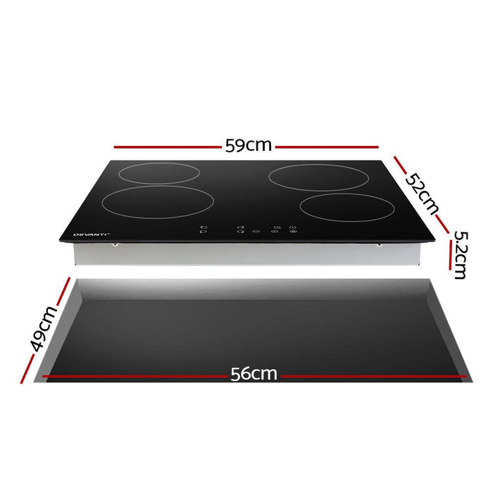Devanti Ceramic Cooktop 60cm Electric Cooker 4 Burner Stove Hob Touch Control -Home Living Store - -