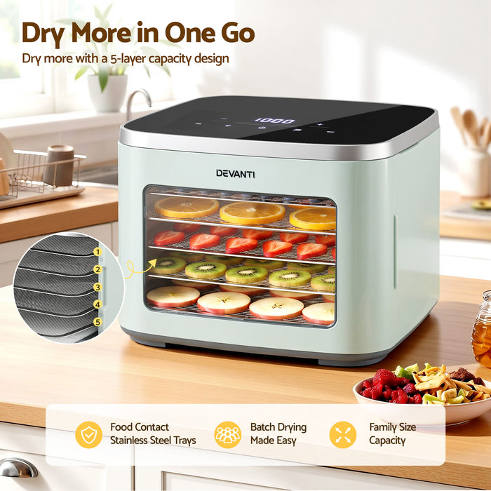 Devanti Food Dehydrator Machine 5 Tray Mini Fruit Dryer Maker Green - Devanti