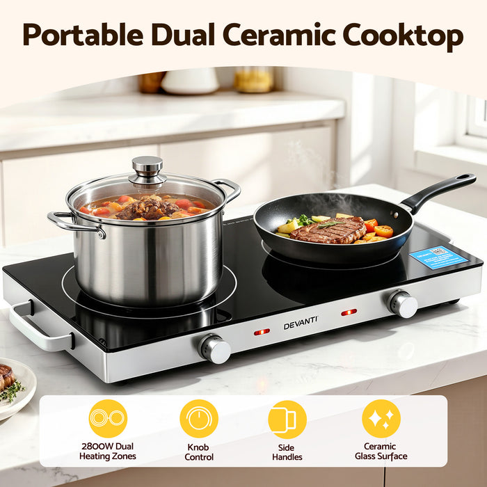 Devanti Portable Ceramic Cooktop Dual Burner Electric Hot Plate 2800W Black