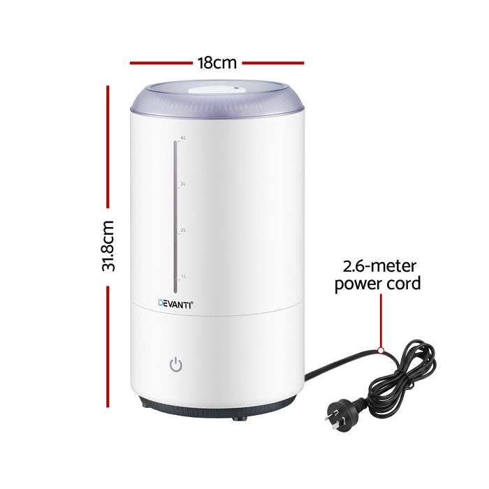 Devanti Ultrasonic Humidifier Aroma Diffuser Top Fill Quiet Bedroom 4L White - Devanti