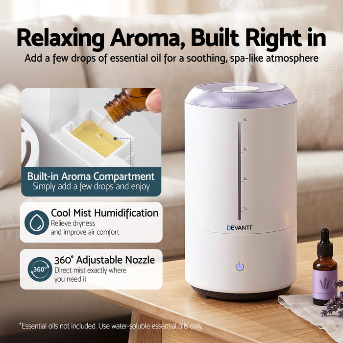 Devanti Ultrasonic Humidifier Aroma Diffuser Top Fill Quiet Bedroom 4L White - Devanti